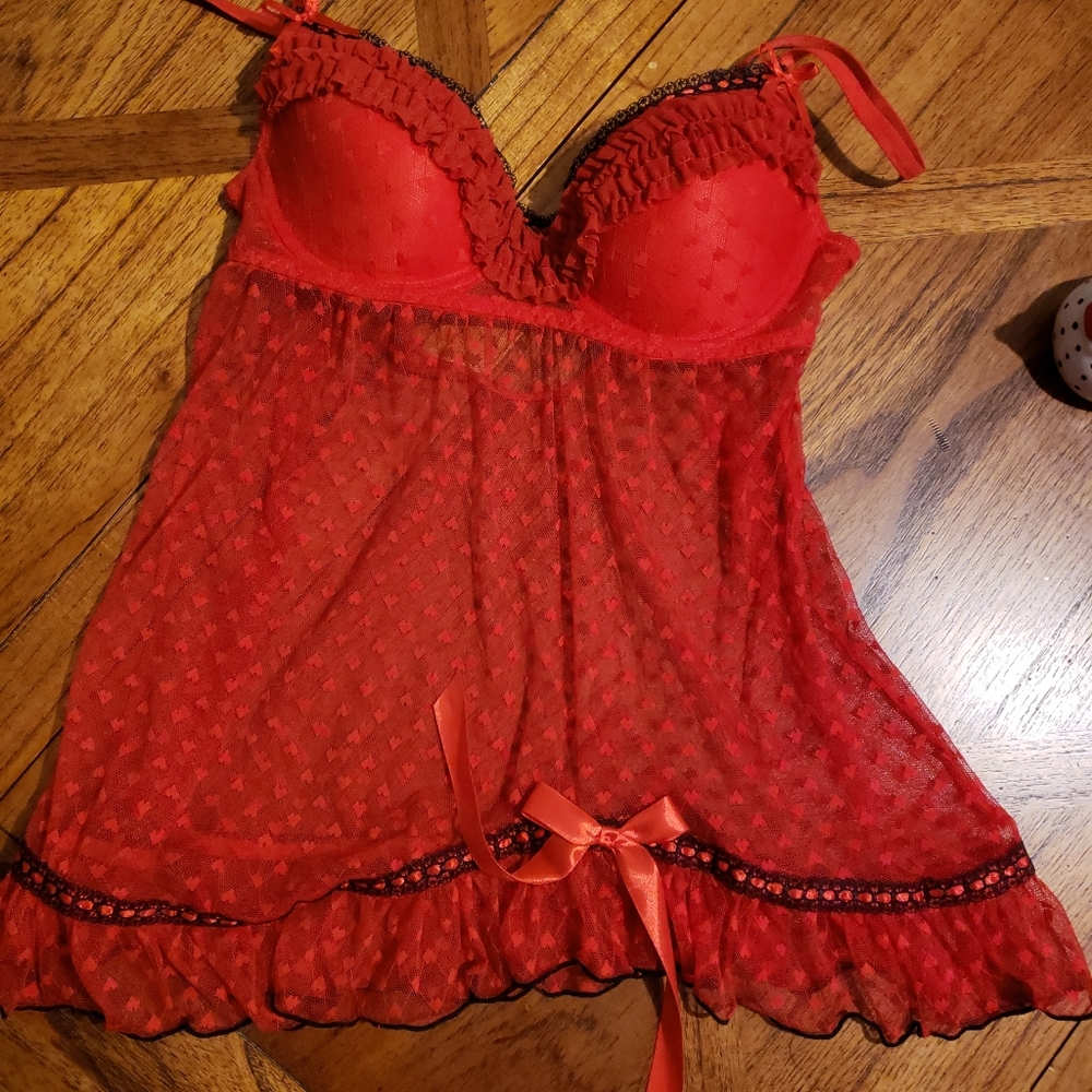 Native Intimates SZ 34C RED /Black BABYDOLL NIGHTY PAD UNDERWIRE BRA hearts
